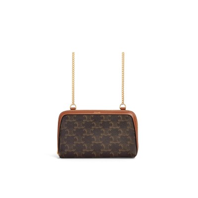 CELINE CLUTCH ON CHAIN CUIR TRIOMPHE IN TRIOMPHE CANVAS AND LAMBSKIN 10E382CBX.04LU (16*11*8cm)